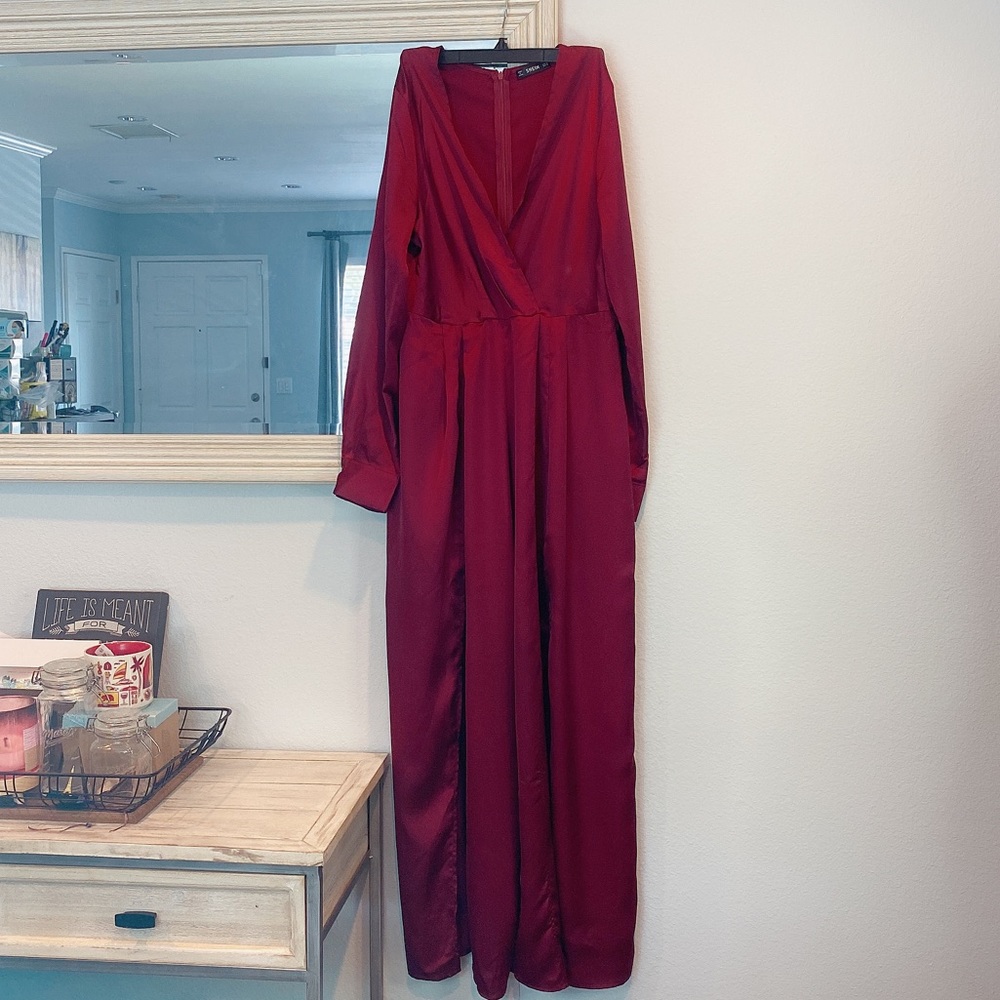 Shein Burgundy Satin Surplice V-Neck Wide Leg Jumpsuit with Side Slits Size M